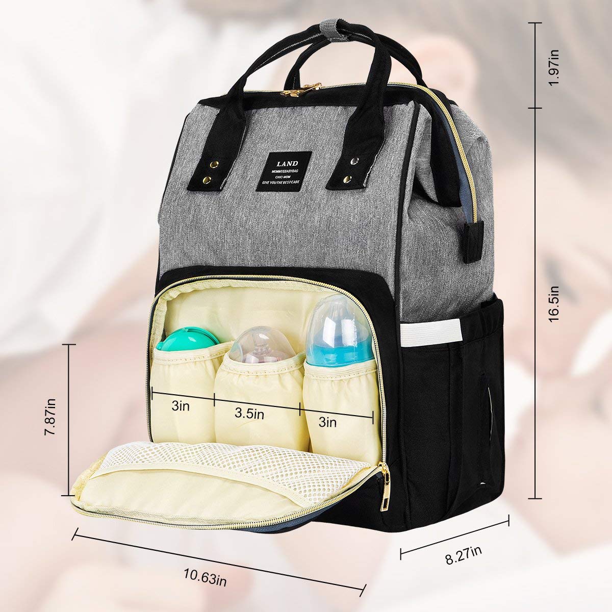 Landuo Diaper Bag Multi-Function Waterproof Travel Backpack Large Nappy Bags for Baby Care, Large Capacity, Stylish and Unisex (Grey-Black)