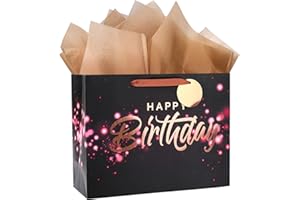 Loveinside Black and Pink Birthday Gift Bag with Tissue Paper for Birthday, Baby Shower, Party, and More - 13" x 5" x 10", 1 Pcs