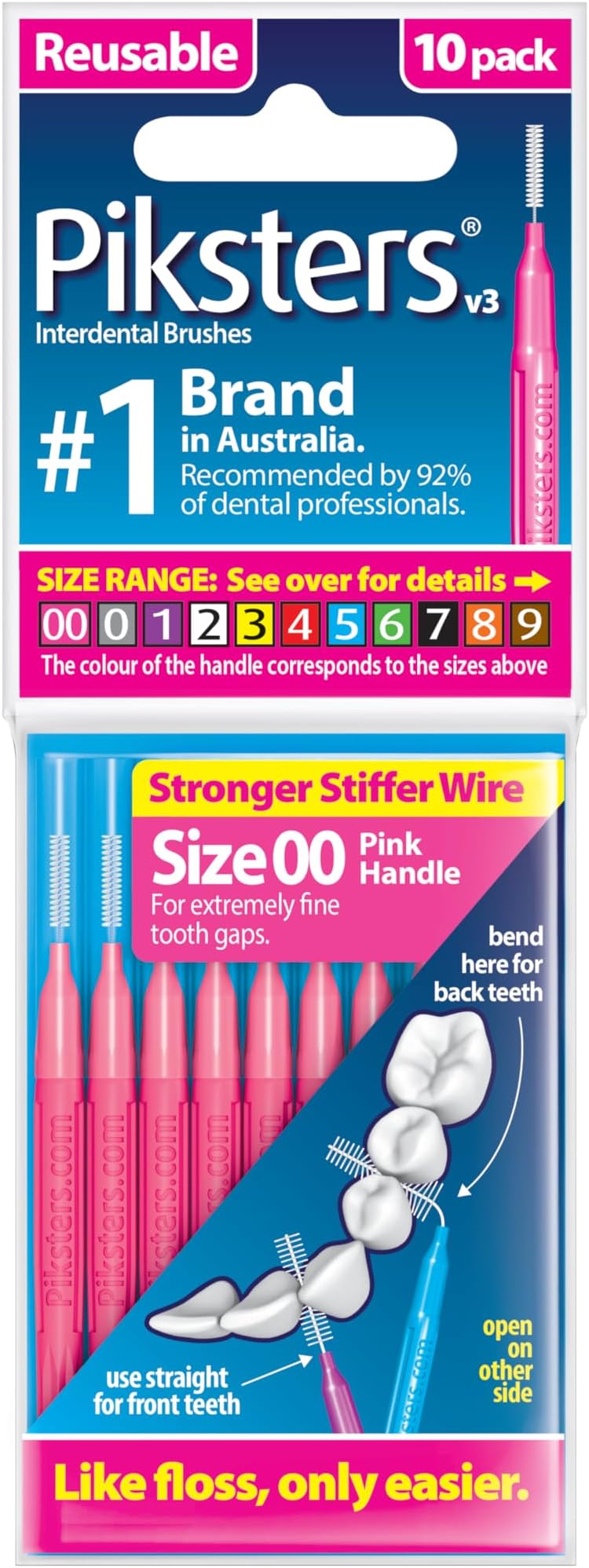 Piksters Interdental Brushes 10 Pack Size 00 Pink Gum Safe for Braces