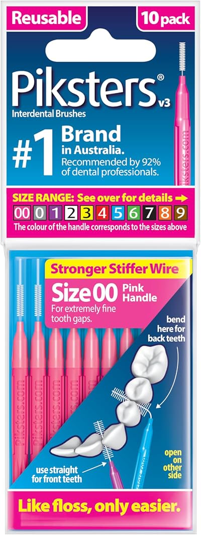 Piksters Interdental Brushes 10 Pack Size 00 Pink Gum Safe for Braces