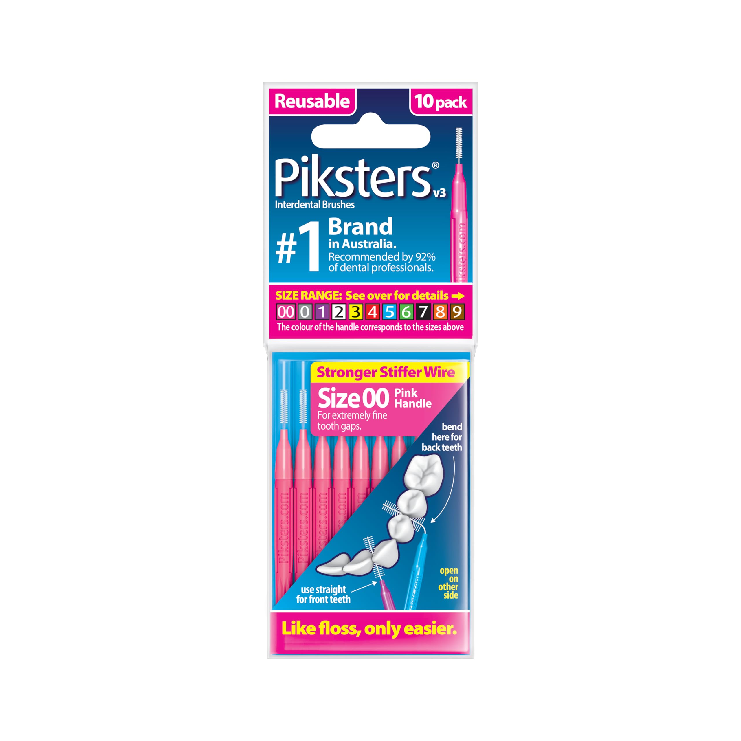 Piksters Interdental Brushes, 10 pk, Size 00, Interdental Brush for Extremely Fine Gaps, Gum Soft Bristles for Plaque Removal, Safe for Braces