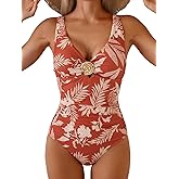 Aidonger Women's One Piece Swimsuit Tummy Control Ruched Bathing Suit Sexy V Neck Metal Swim Suit