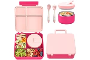 Pawtong Bento Lunch Box with 8oz Soup Thermo, Kids Leakproof Lunch Food Containers with 4 Compartment, Kids Thermo Insulated Hot Food Jar for School, Trvael - (Pink)