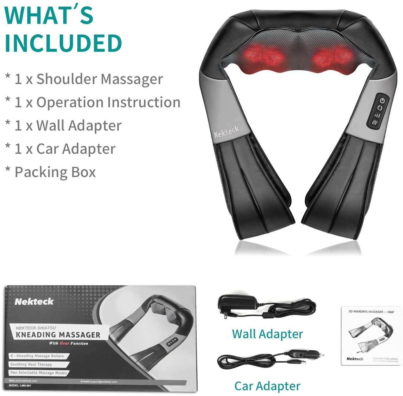 Nekteck Shiatsu Neck Massager for Pain Relief Deep Tissue with Heat, 3D Kneading Massage Pillow Back Shoulder Massagerfor Body Muscle, Plug-in Use for Home Office Car, Gifts for Mom Dad Him Her