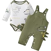 Bekarsy Baby Boy Clothes Fall Winter Outfits Infant Dinosaur Romper Cartoon Adjustable Suspender Overalls Pants Set