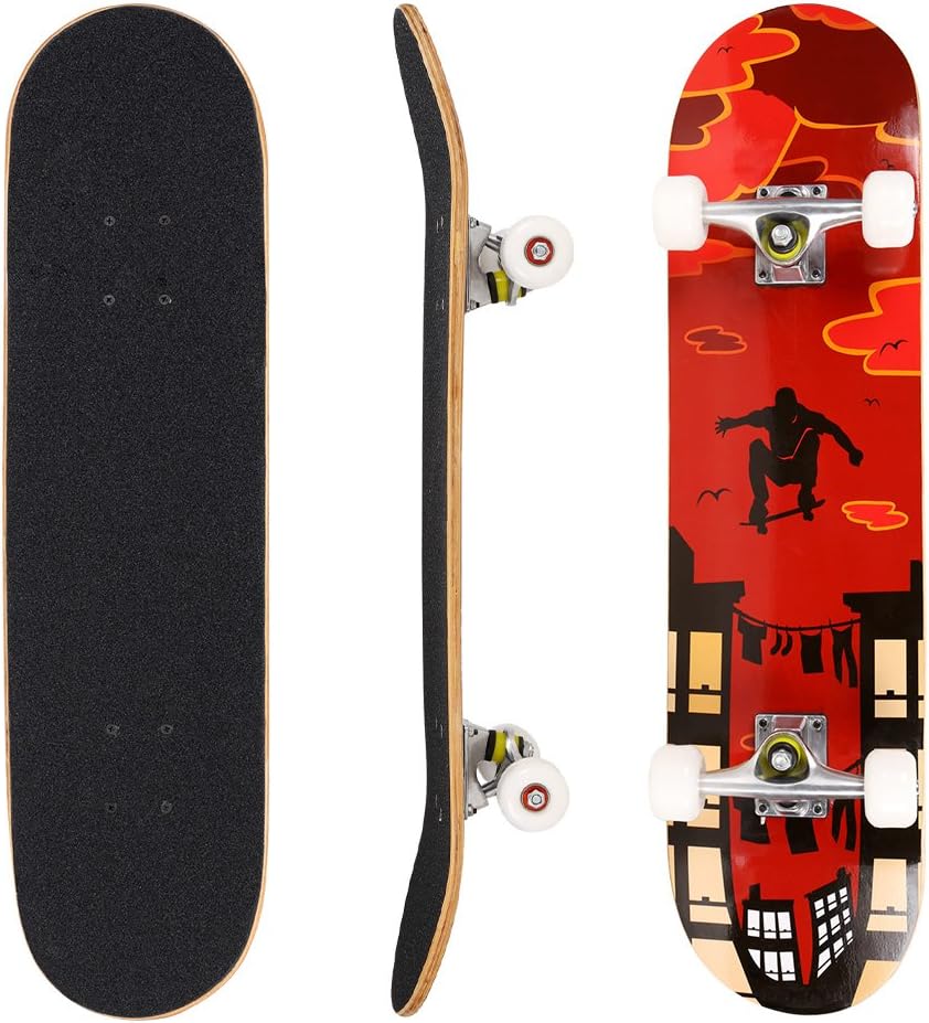 Hikole Skateboard - 31" x 8" Complete PRO Skateboard - Double Kick 7 Layer Canadian Maple Wood Adult Tricks Skate Board for Beginner, Birthday Gift for Kids Boys Girls 5 Up Years Old