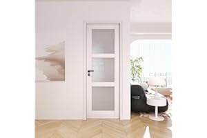 JUJUBON 28" x 80" Slab Door, 3-Panel Frosted Glass Interior French Door Slab, Soild Core&Pre-Finished Surface Single Panel for Living Room Pantry Laundry Closet, No Assembly Required-Shaker w/o Hardware