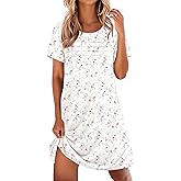 Ekouaer Cotton Nightgowns for Women Short Sleeve Sleep Shirts Pleated Night Shirts Soft Crew Neck Night Gown