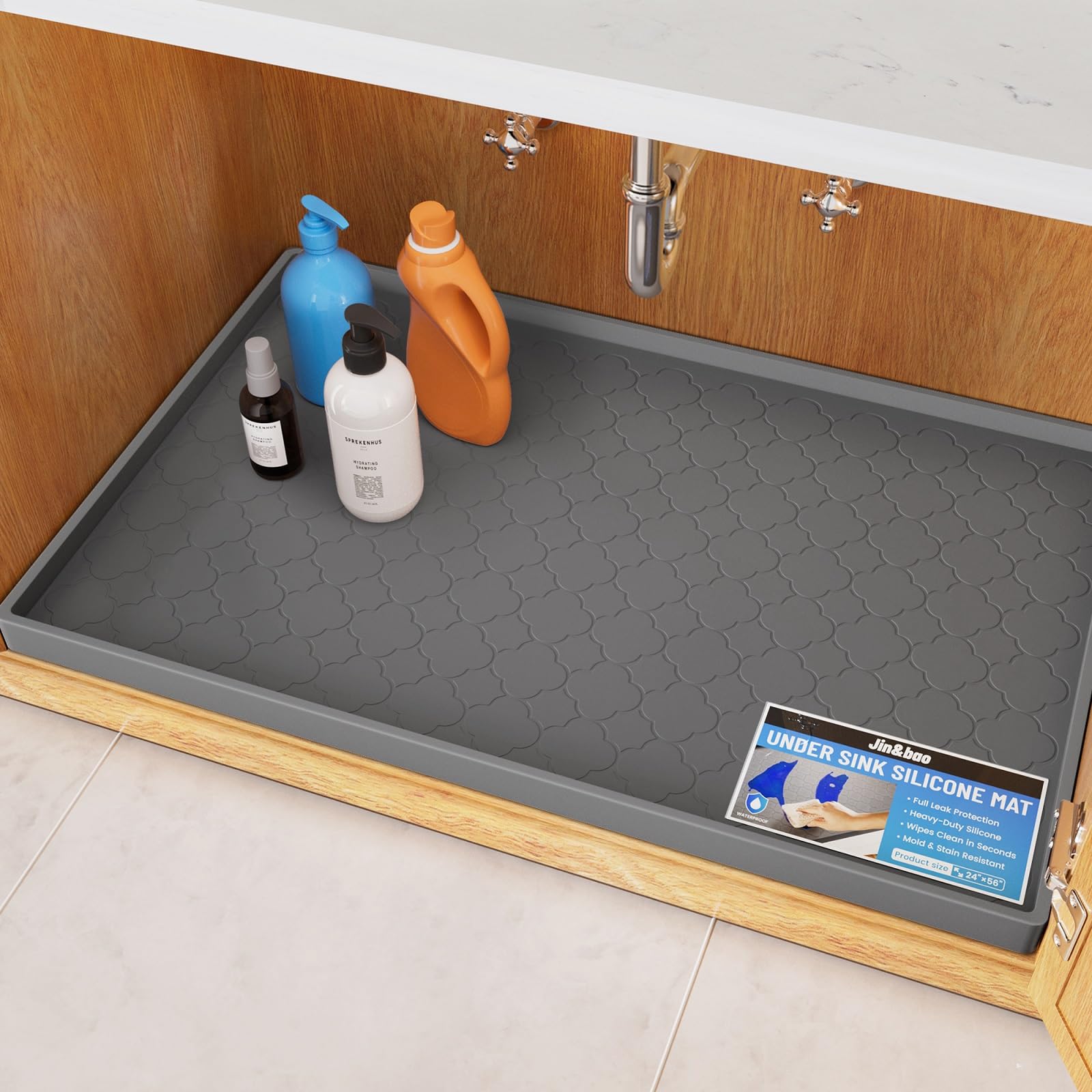 Photo 1 of Jin&Bao Waterproof Under Sink Mat 34x22 for Kitchen and Bathroom, Thicken Cabinet Protector and Kitchen Shelf Liner, Organizer and Storage, Multipurpose Mat for Pets, Coffee Area, and Shoe Entryway