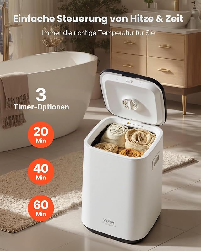 20 L Handtuchwärmer mit LED-Bildschirm und U-förmiger Kontrollleuchte, Handtuch Wärmegerät mit einstellbarem Timer für Badezimmer, Bademantel, Decke und Pyjama, automatische Abschaltung, weiß