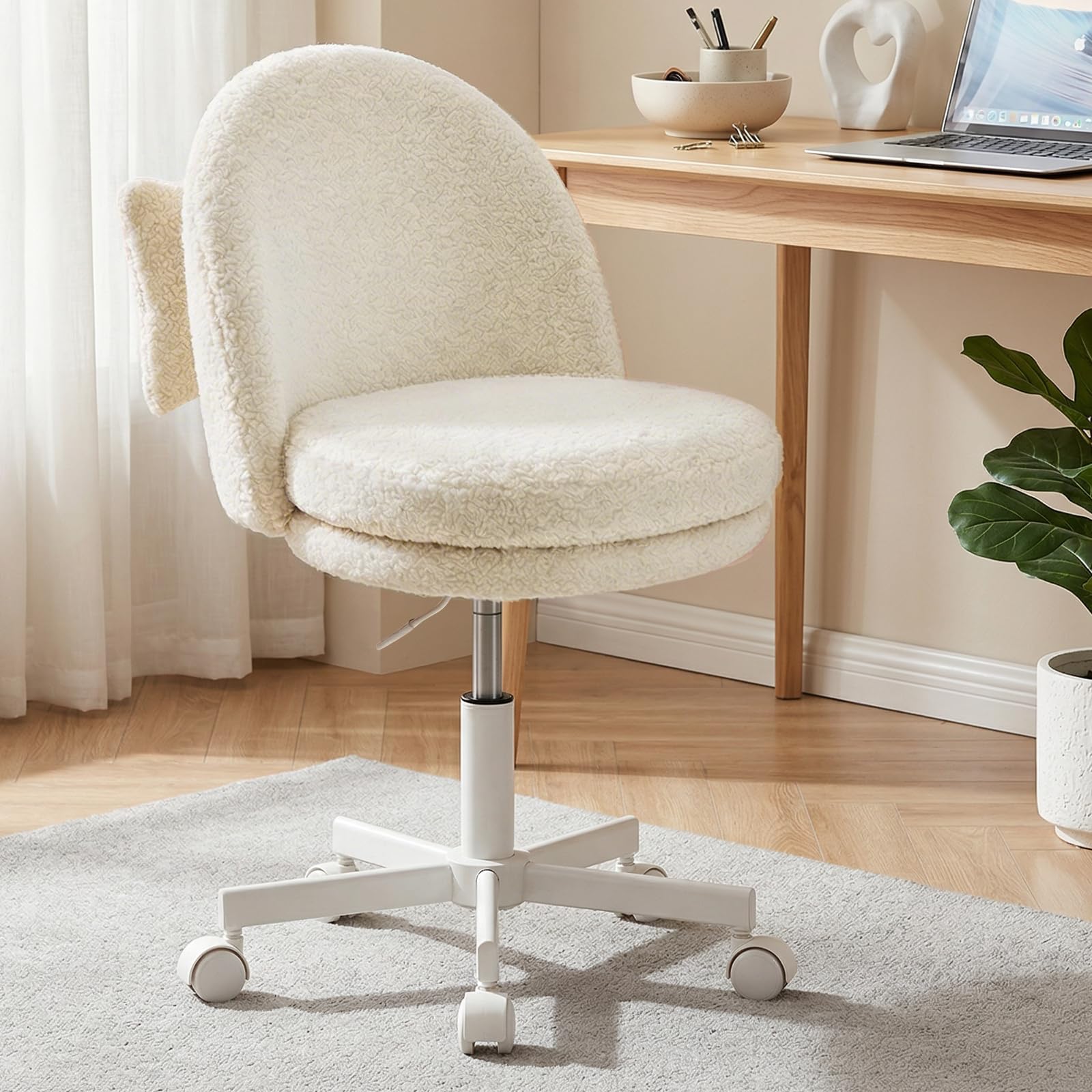 GTPLAYER Velvet Tall Office Chair with Wheels Vanity Chairs with Back, Versatile Height Use: Office to Bar Stools Small Ergonomic Comfy Armlees Computer Desk Chair with Bow Lumbar Pillow for Gift Image