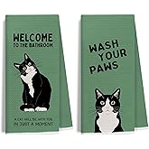 IWGDNJS Retro Green Tuxedo Cat Bathroom Hand Towels, Cat Bathroom Decor, Black and White Kitty Kitten Hand Towels for Washroom Restroom, 16x24 Inches Set of 2