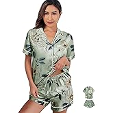 WJing Yi Jia Womens 3Pcs Satin Pajamas Set Floral Silk Pajama Sets Stripe Lounge Set Silky Sleepwear XS-2XL Pjs Long Scarves