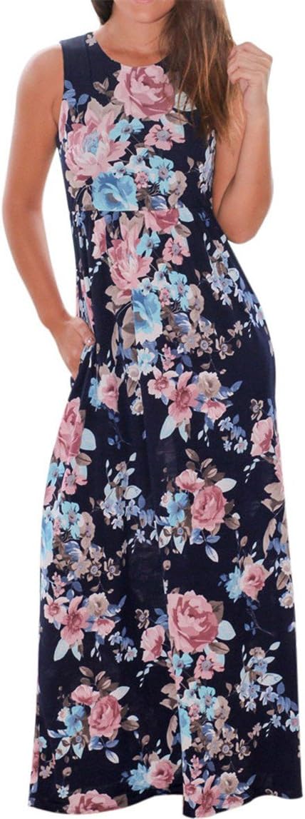 Clearance!!! Women Sleeveless Navy Floral Print Maxi Dress with Pockets