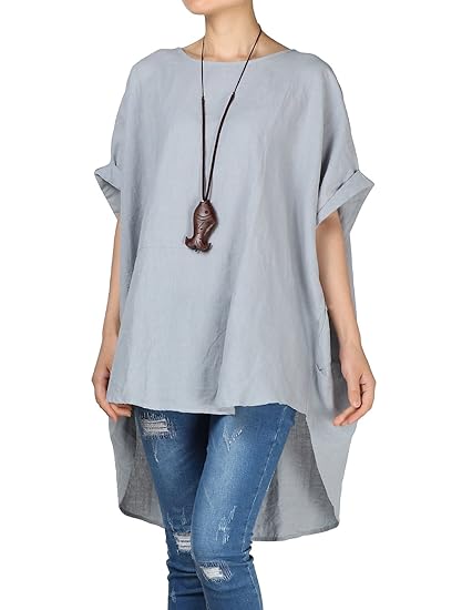 Vogstyle Damen Baumwoll Leinen Tunika Plus Größe Bluse Tops