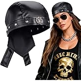 PU Leather Biker Skull Cap Classic Fashion Leather Biker Hat, Gothic Leather Bandana Unisex Motorcycle Cap, Fits 18-23inch