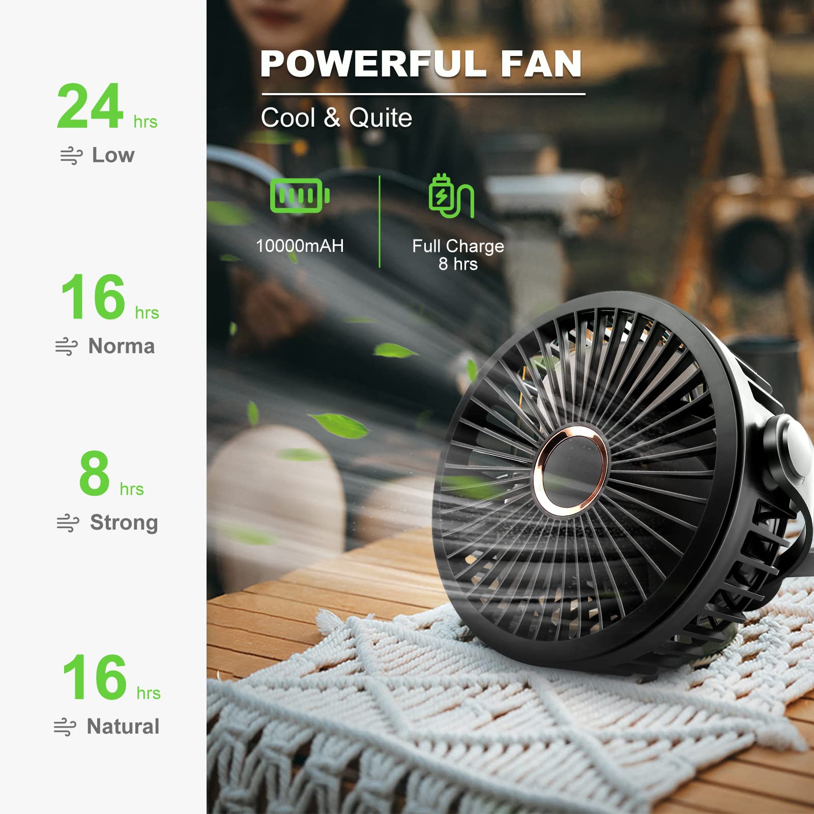 Odoland 2 Packs 10000mAh Camping Rechargeable Fan with Hanging Hook Carabiner, Portable Battery Operated Tent Fan, Quiet Strong Airflow, Outdoor USB Desk Fan for Picnic Travel Barbecue Fishing