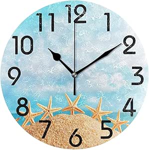 Archiba Reloj de Pared Redondo, 3D Cute Summer Beach Starfish Print