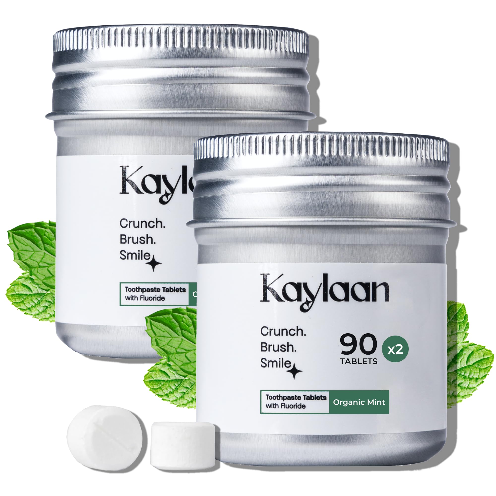 Photo 1 of Kaylaan Toothpaste Tablets with Fluoride & Xylitol | Whitening, Sensitivity Relief & Enamel Remineralization | Chewable, Plastic-Free, Travel-Friendly - Mint, 180 Count (2 x 90), Made in USA