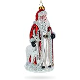 Santa with White Reindeer Glass Christmas Ornament