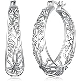 Oval Hoop Earrings 925 Sterling Silver Light-Weight Tree of Life Oval Filigree Hoop Earrings for Women