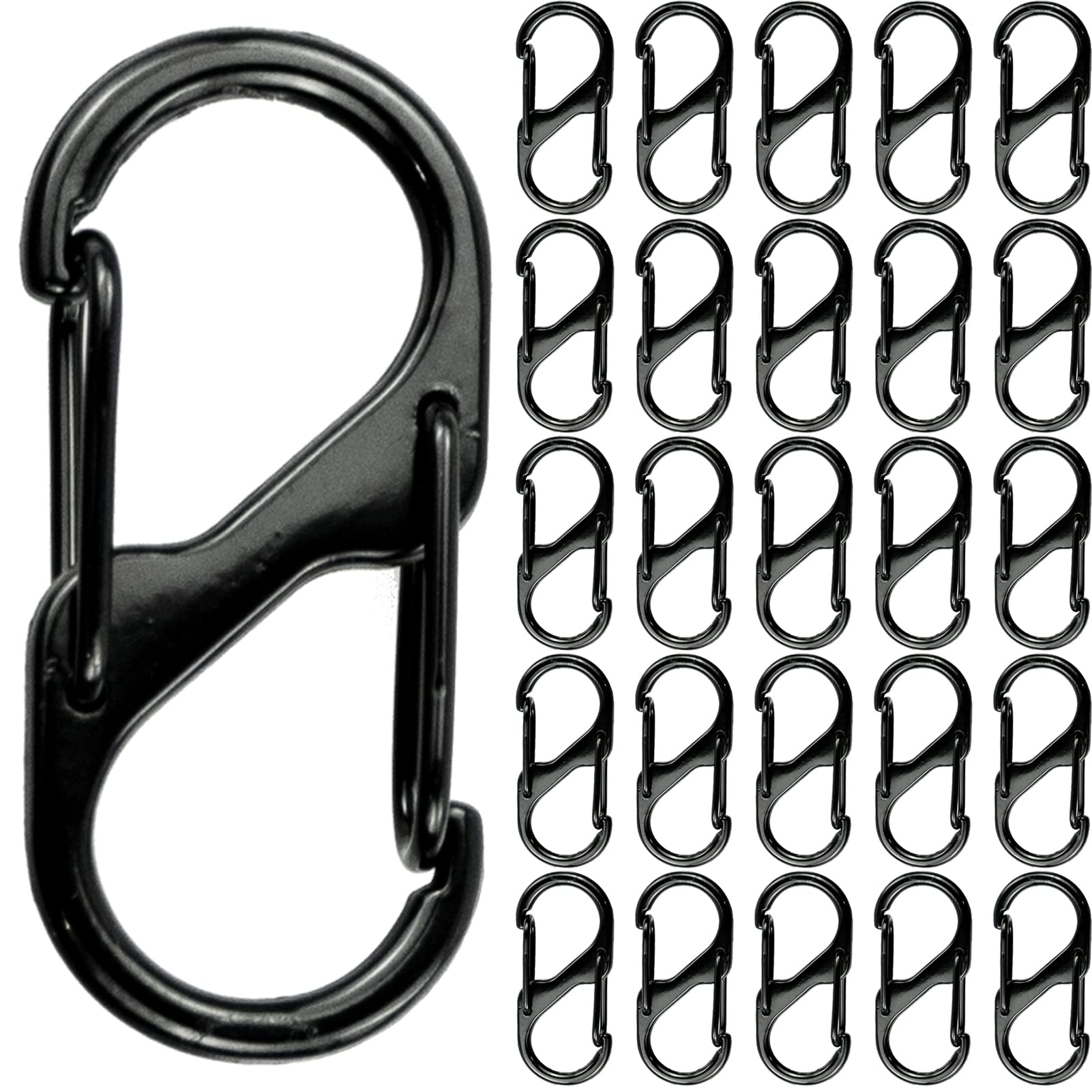 REBECASKYENS 25 PCS Black Aluminium S-Shape Non-Locking Carabiner Keychain Clip for Camping, Hiking, Backpacking, Sailing, Fishing