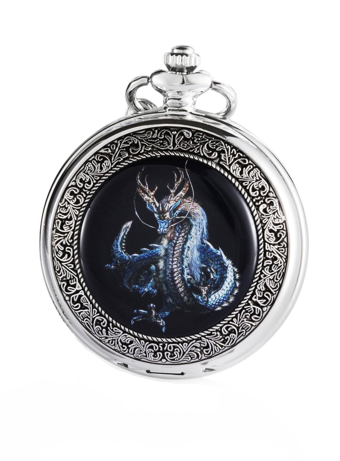 Carrie Hughes Mens Lucky Dragon Mechanical Pocket Watch with Chain Skeleton Roman Numberals and Box CHPW3