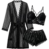 Avidlove Women Sexy Pajamas Set 3 Piece Lingerie Lace Cami Sleepwear and Silk Satin Pjs Sets with Mesh Kimono Robe