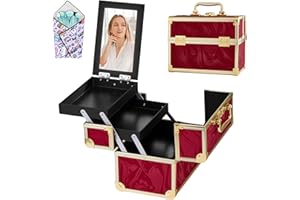 GALHUBIS Makeup Train Case, Portable Makeup Case with Mirror, 2-Trays Cosmetic Organizer Case,Nail Polish Organizer, Travel Makeup Box, Profesional for Salon Barber, Pattern Red