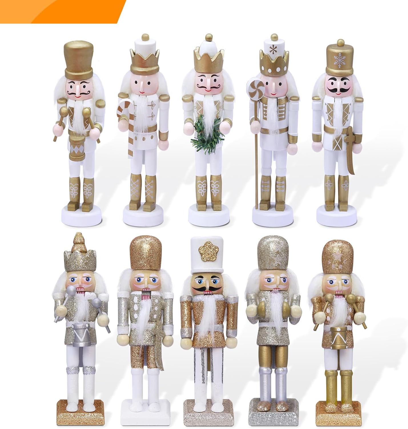 Nutcrackers - Jolik 10 PCS Christmas Nutcracker Ornament Set-Gold and Silver Glittered Christmas Soldier, Nutcracker Figures with Opening Mouths Christmas Decorations for Xmas Tree, Table Decor