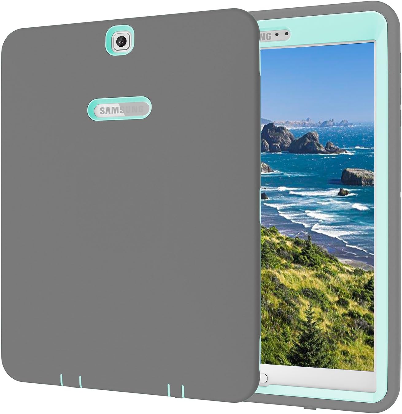 Mupoo Galaxy Tab S2 9.7 Case, Heavy Duty Rugged Shockproof Hybrid Silicone Case Cover for Samsung Galaxy Tab S2 9.7" Tablet 2015 Release (Grey/Mint Green)