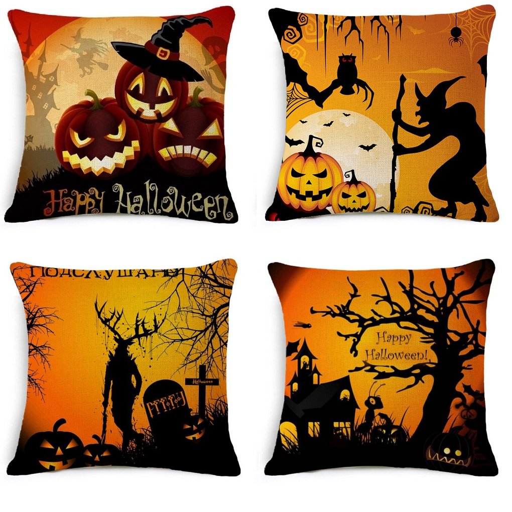 Decorative Square Throw Pillow Case Cushion Cover Bat Pumpkin Happy Halloween,Pumpkin,Horror House,Witch, Grave yard 4Pcs pack