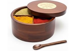 4 section Premium Mango Wooden Spice Box Masala Dabba Spice Cellar Kitchen Storage Container Airtight Swiveling Magnet Floral