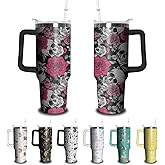 40oz Skull Tumbler with Handle and Straw, Skeleton Gothic Floral Stainless Steel Insulated Cup with Lid and Straw, Horror Travel Coffee Mug Water Bottle, Birthday Halloween Gifts for Women Men