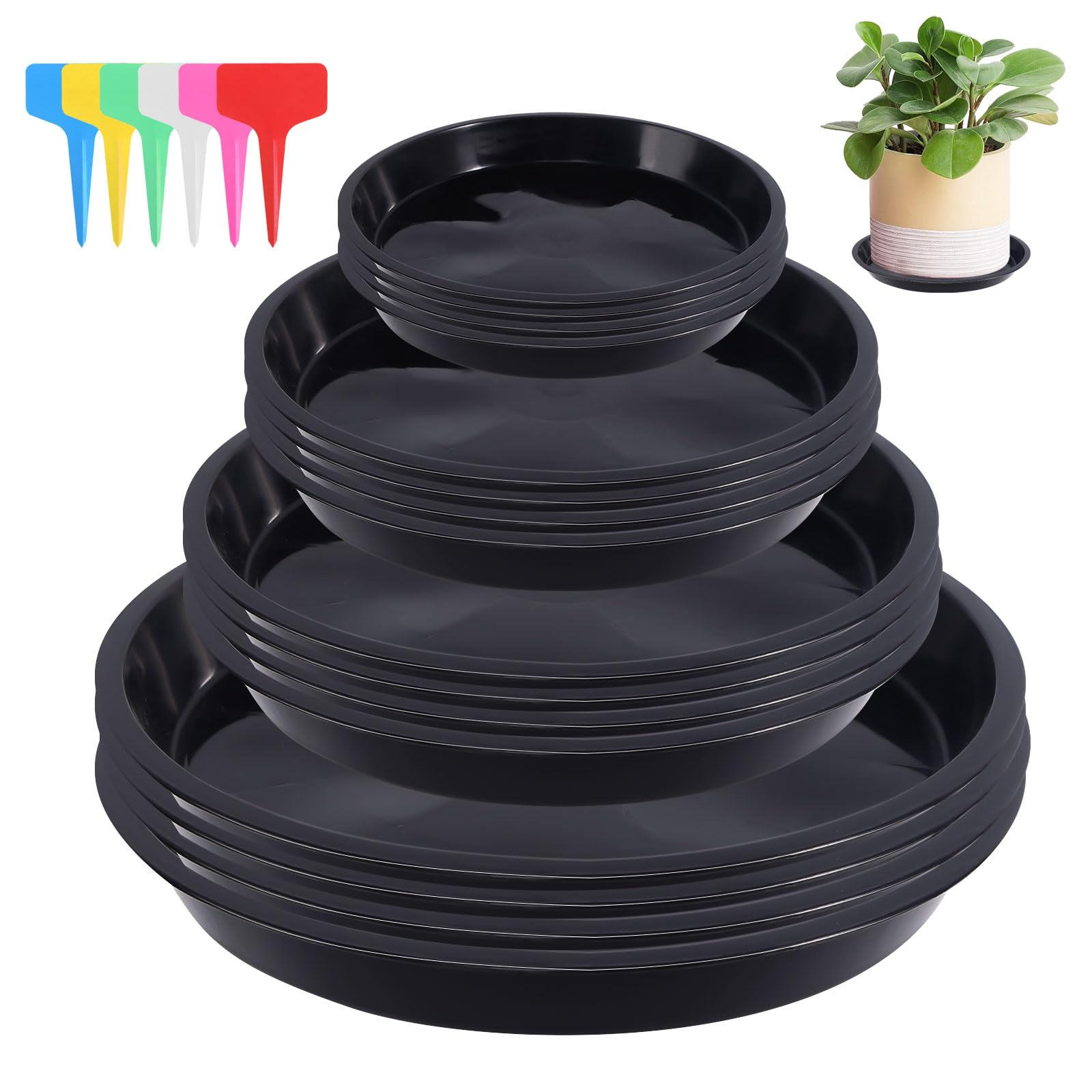 HFDONGL Plant Pot Saucers 16 Pieces Plant Saucers Plastic Thicker Plant Trays with 18 Pieces Label Round Plant Pot Trays for Indoor and Outdoor Plants (12/16/18/21cm, Black)