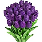 MACTING 30 PCS Artificial Tulip Flowers 13.7" Real Touch Fake PU Tulips Bouquet Faux Purple Flowers for Floral Arrangements Table Centerpiece Kitchen Home Indoor Outdoor Summer Decorations