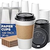 Fit Meal Prep 100 Pack 16 oz Disposable Coffee Cups with Lids, Sleeves, Leak-Proof To Go Coffee Cups with Lids, Durable Paper Cups for Hot Cocoa and Coffee Bar Supplies