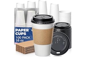 Fit Meal Prep 100 Pack 16 oz Disposable Coffee Cups with Lids, Sleeves, Leak-Proof To Go Coffee Cups with Lids, Durable Paper Cups for Hot Cocoa and Coffee Bar Supplies