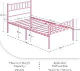 Yaheetech 3ft Single Metal Bed Frame with Headboard Footboard Pink view 3