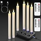 GenSwin Rechargeable Flameless Taper Candles with Charging Base, 6 Pack LED Candles Battery Operated with Remote Timer, Real Wax Flameless Candlesticks for Halloween Christmas Decorations(Ivory)