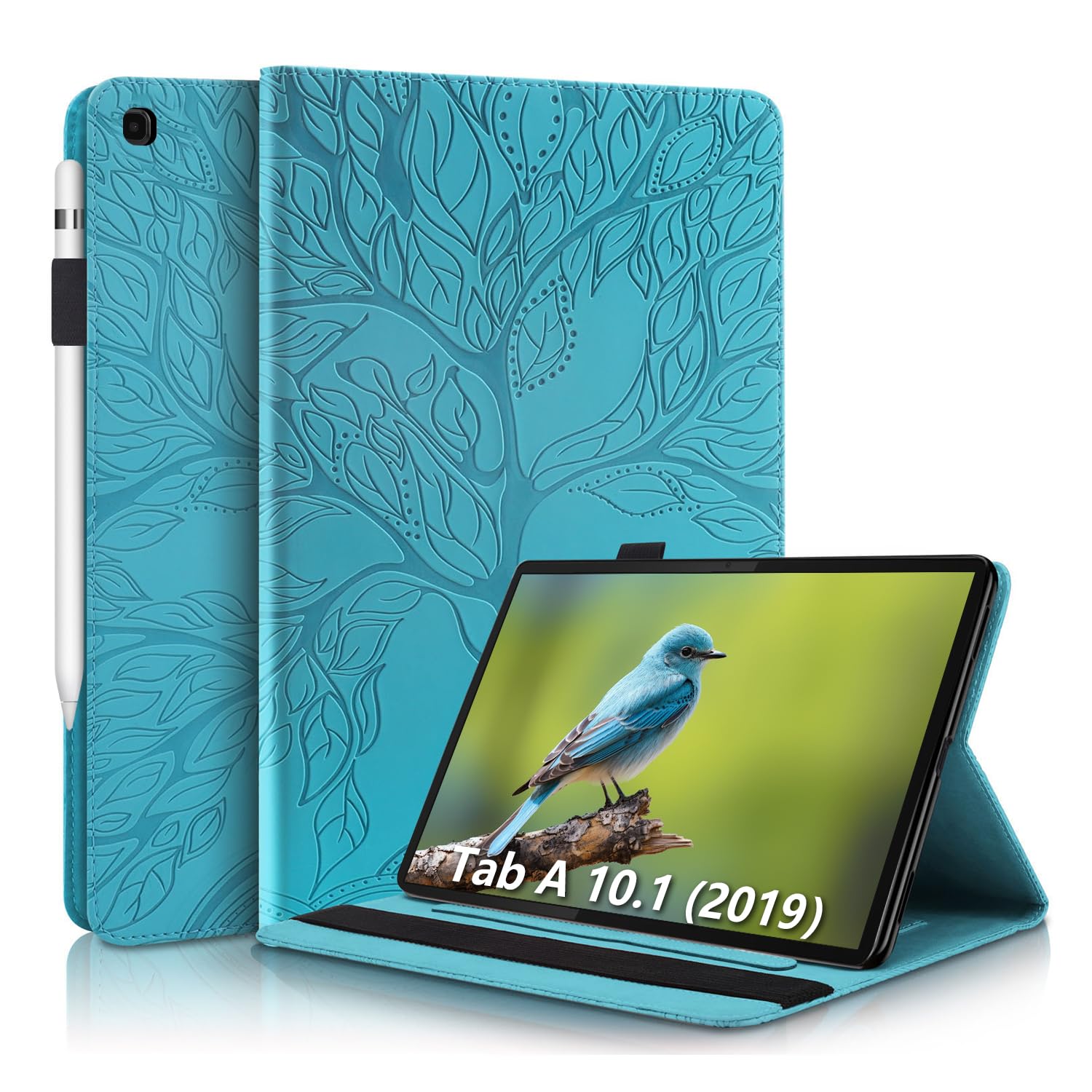AsWant Case Compatible with Samsung Galaxy Tab A 10.1 PU Leather Flip Wallet Case Cover Pen Holder Tablet Protective Case for Samsung Galaxy Tab A 2019 SM-T510/SM-T515 Blue Tree