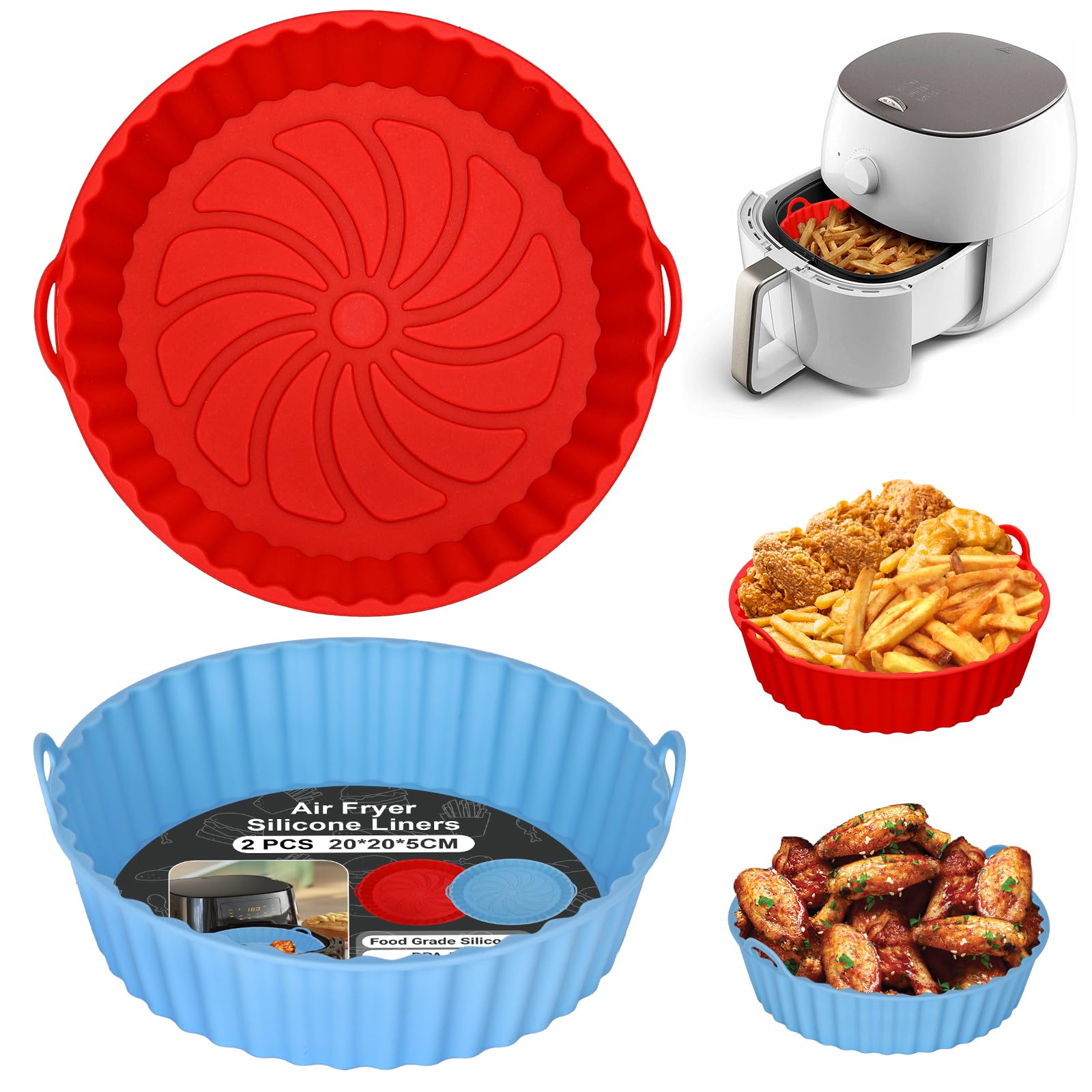 Alyvisun Air Fryer Silicone Liners, 2PCS Reusable Airfryer Basket Baking Tray Inserts Versatile Round Rack Pot for Microwave, Oven (Red+Sky Blue)