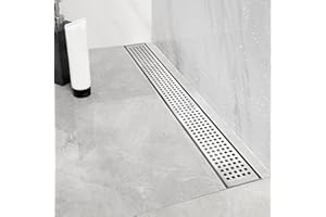 Neodrain 24-Inch Linear Shower Drain with Quadrato Pattern Grate,Brushed 304 Stainless Steel Rectangle Shower Floor Drain,Linear Drain with Leveling Feet,Hair Strainer