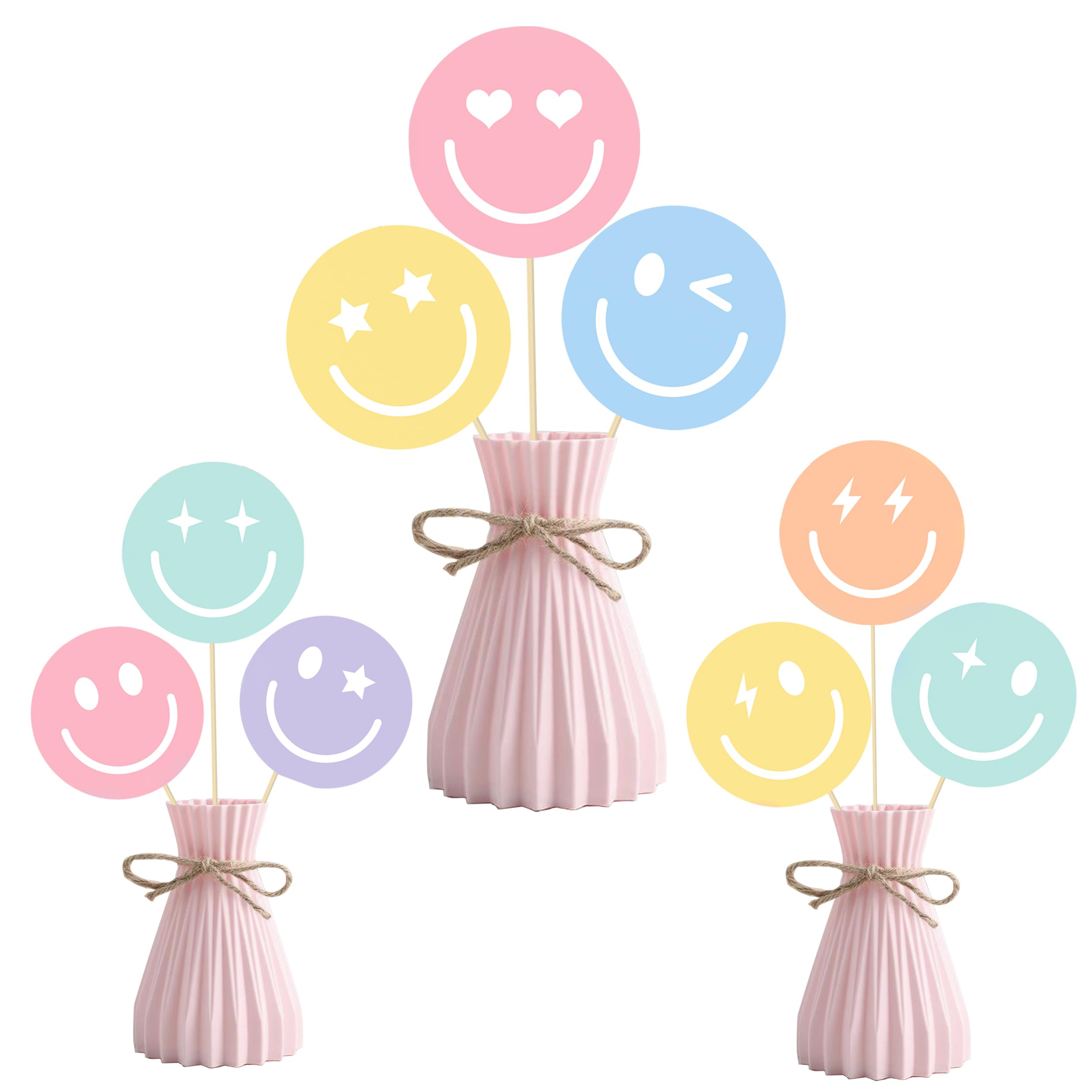 Photo 1 of 18pcs Smile Face Party Centerpieces Sticks Prerppy Birthday Centerpieces for Tables Pastel Smiley Face Party Decorations for Preppy Theme Party Baby Shower Supplies