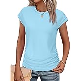 SAMPEEL Womens Summer Tops Trendy 2025 Ruched Cap Short Sleeve Tshirts Shirts Crew Neck T Shirts Fashion