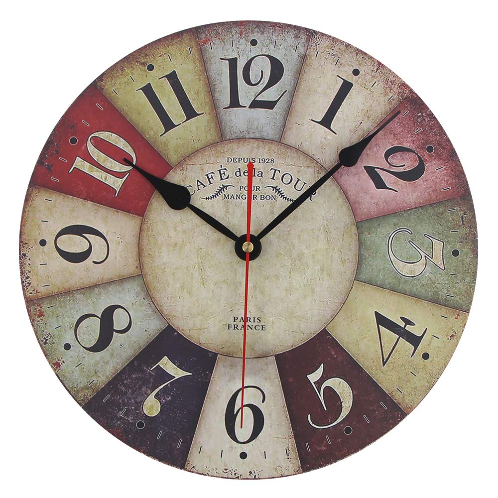 Timelike MDF Wooden Wall Clock Vintage Rustic Country Round Decorative Clock Retro Style Quartz Wall Clock (12 Inch, Colorful)