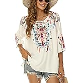 Higustar Mexican Embroidered Tops for Women Traditional Boho Tunics Bohemian Shirts Plus Size Peasant Clothes Blouses
