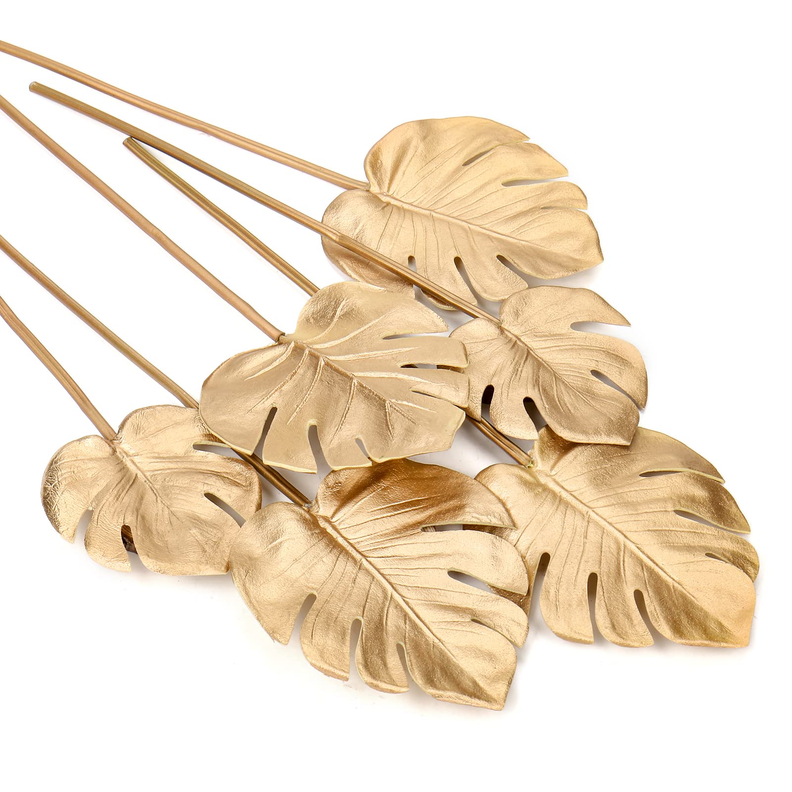 Oairse 6pcs Artificial Monstera Leaves with Long Stem Tropical Fake Plant Leaves Foam Leaves Realistic Gold Faux Monstera Leaf for Flower Arrangement Home Office Garden Party Christmas Holiday Decor