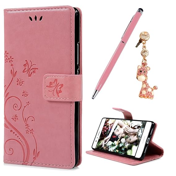 P9 Lite Hülle,Huawei P9 Lite 5,2 Zoll Handyhülle YOKIRIN Rosa PU Leder Tasche Schutzhülle Handytasche Blumen Schmetterling Br