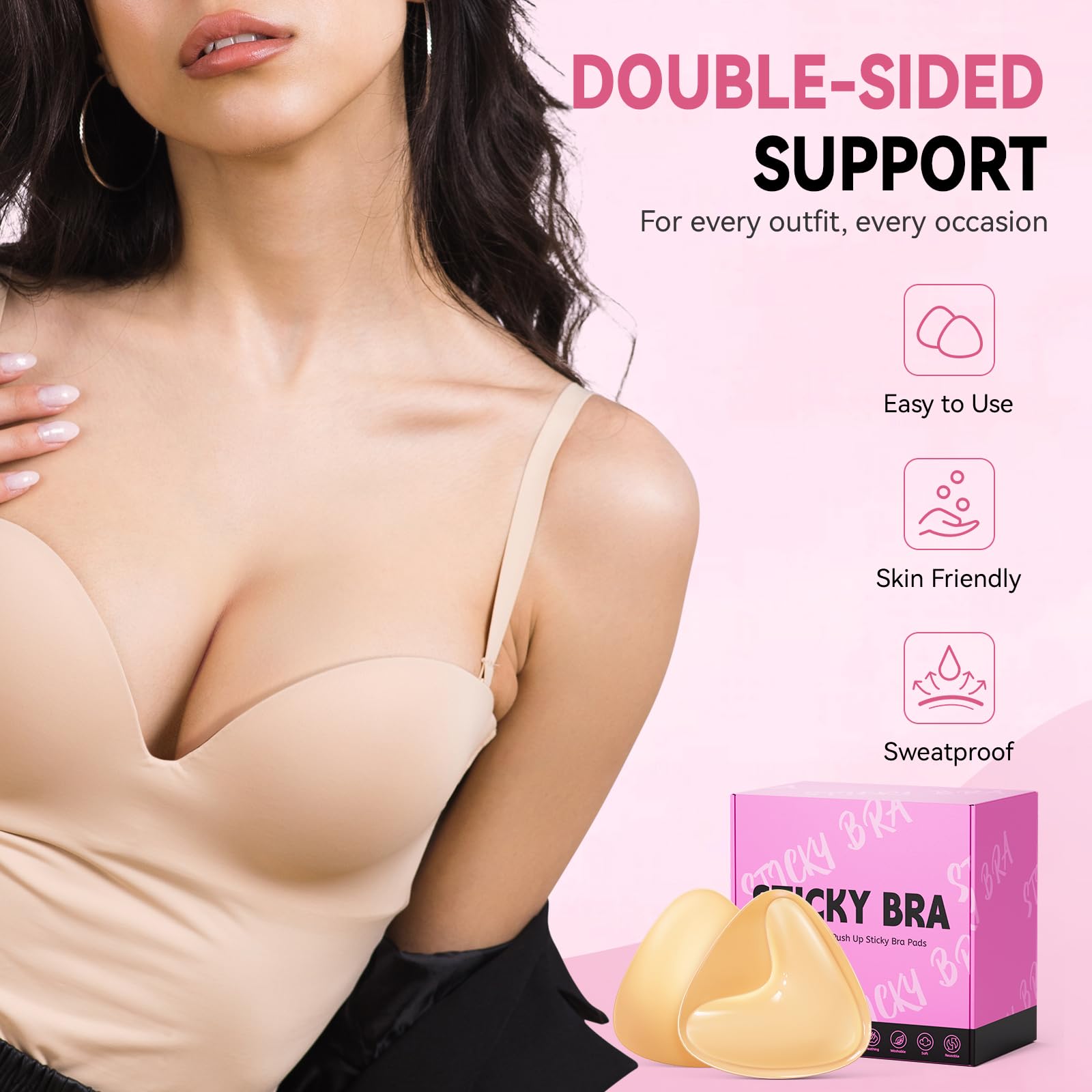 Ultra Push up Sticky Bra Pads | Double Sided Adhesive Inserts | Stick on for Sports Bra Swimsuit (Medium, Beige)